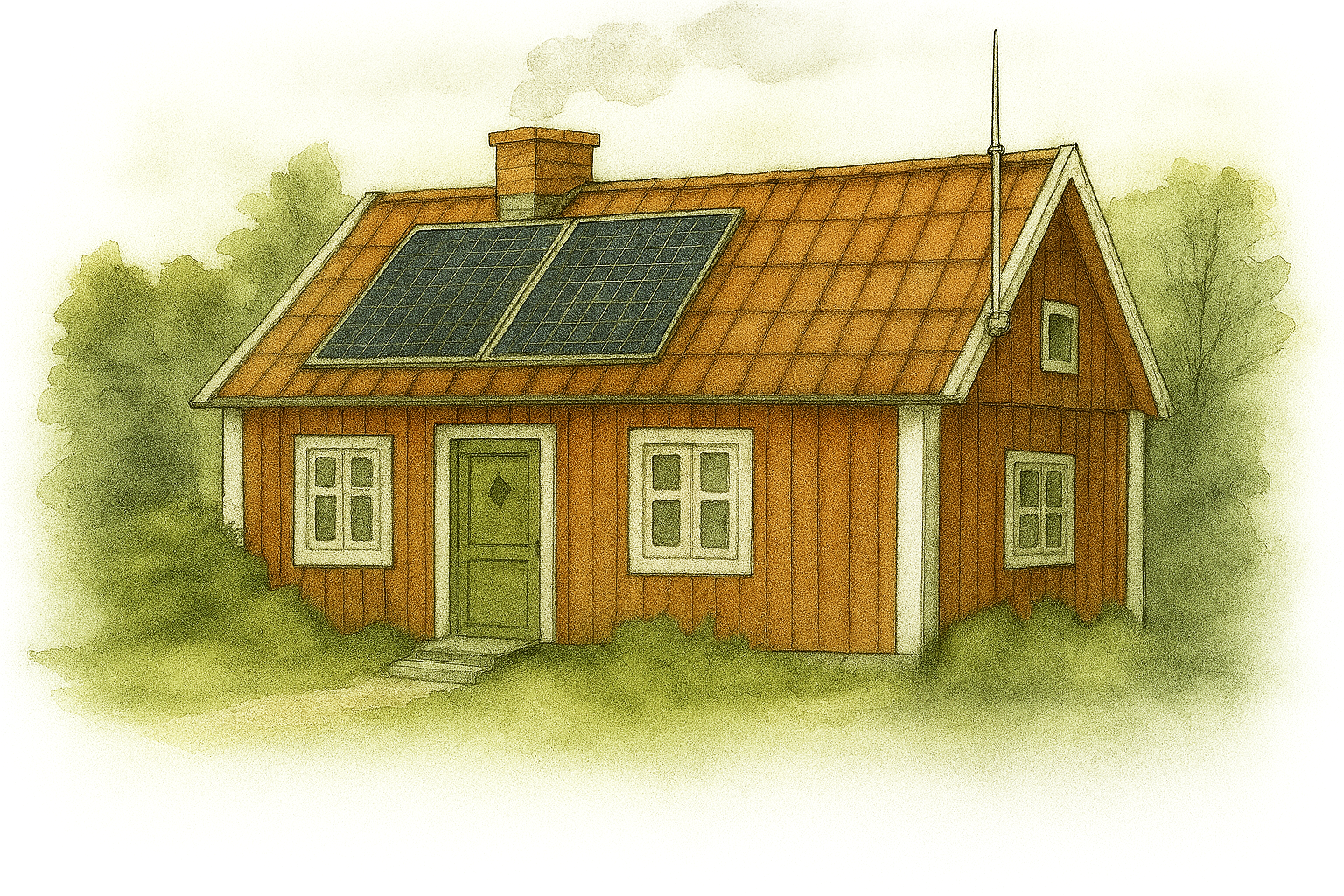 Stuga med solceller och radioantenn